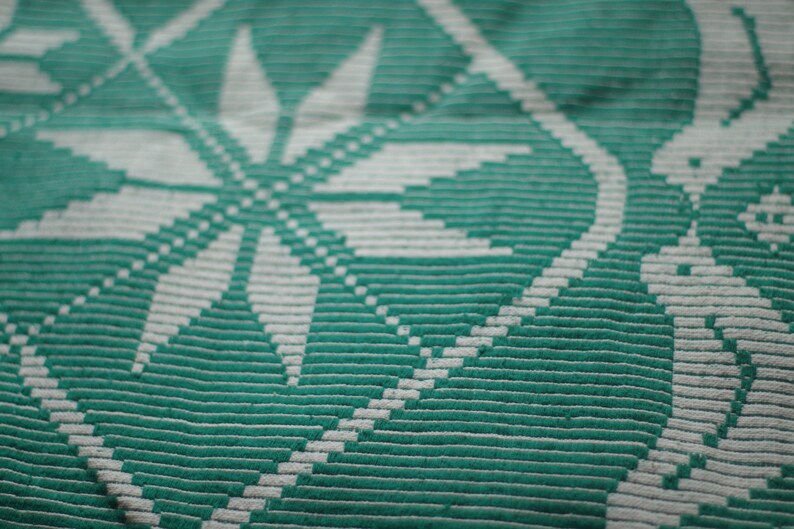 Op de afbeelding: Close-up van een teal en witte geweven stof met een geometrisch patroon. De stof heeft een textuur en een herhalend patroon van witte sterren op een teal achtergrond.