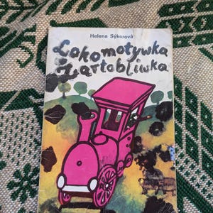 Vintage Antique Polish Children Book Poland retro Illustrations Graphic Design Pink Train Steam engine