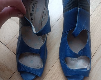 Tokio Kumagain Japanese 1980 vintage shoes heels waporvave new romantic gothic new york retro 80s blue  leather