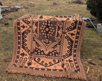 1970 | Traditioneel Pools Slavisch handgeweven deken Quilt Kurpie bruin beige Retro symbolisch weefgetouw kromtrekken haspel Hutsul Cepelia tapijt wol