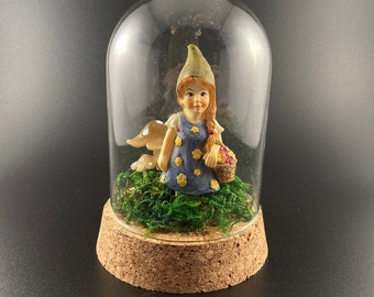 Cottagecore Glass Bell Jar and Cork lid Gnome and Mushroom Scene