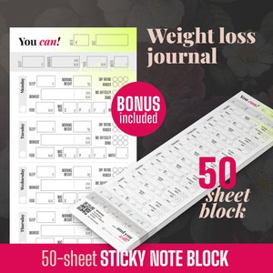 Weight loss journal block with 50 sticky notes for tracking your fitness journey daily with water, sleep and macros tracking