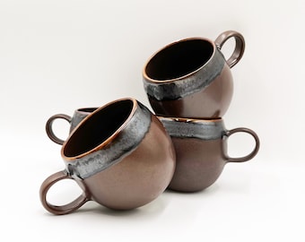 Braune handgefertigte Keramiktassen, 4er-Set, handgefertigte Tassen, portugiesische Kaffeetasse, braune große Tassen, Geschenkgeschirr, schöne Teetassen für Ihn