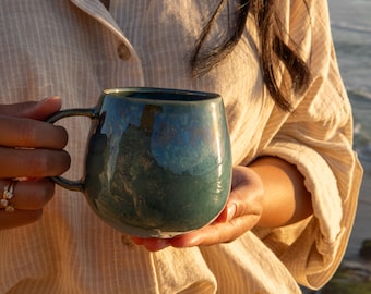 Handmade Ceramic Green Mug Stoneware Portuguese Cappuccino Mug Large Green Cup Tea Mug Christmas Gift for Girlfriend Gift Him & Her