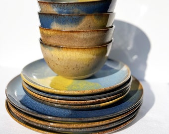 Bleu Jaune Vaisselle Set Coraux Vaisselle pour 4 personnes Table de Pâques vaisselle 12 pièces assiettes colorées ensemble cadeau unique pour lui et elle