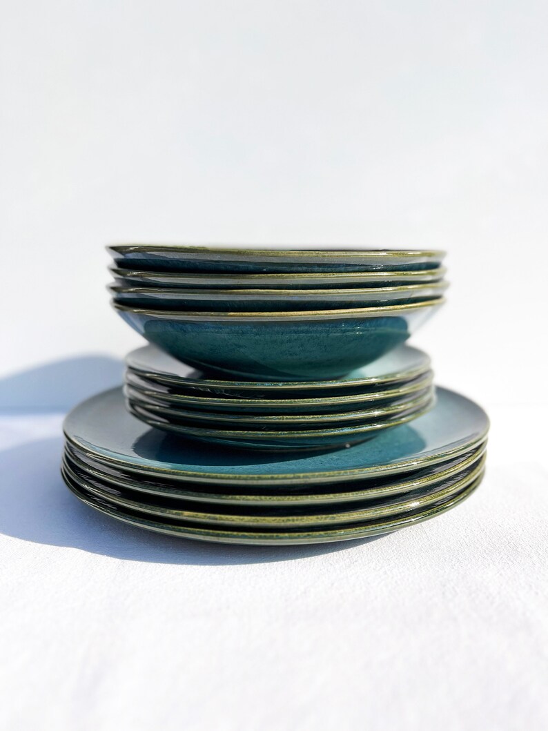 Green Tableware Set With Pasta Plates for 4 People Portuguese Ceramics