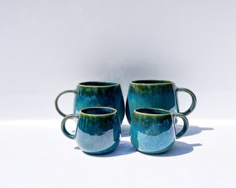 Green Espresso Ceramic Cups Mugs Large set of 4 Handmade Mugs and Cups Portuguese Ceramic Tableware Green Cups with handle