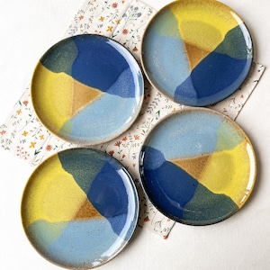 Corals ceramic plates set of 4 plates Portuguese ceramic plates small breakfast plates blue yellow plates stoneware gift for Easter