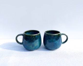 Espresso Cups set of 2 Amazonia Green - handmade cups - Portuguese ceramics - small mugs with handle - green espresso cups - unique