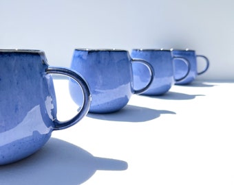 Amazonia Blue Mugs Set of 4 Handmade Ceramic Mugs with Ear Tea Cups Portuguese Ceramics Tableware Blue Cappuccino Mugs Gift