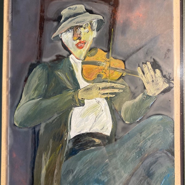 Original painting by famous painter Jan Janczak on panel/board. Motive violine playing man. Polish painter born 1938.