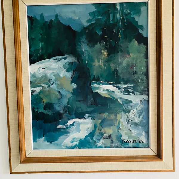 Oil or acrylic painting in blue colors original, by Tedde Rhodin, “Vinter Småland”, vintage painting in frame in good condition.