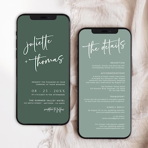 Conjunto de invitación de boda digital, invitación de boda moderna en verde salvia, detalles de boda minimalistas electrónicos, plantilla de Evite editable 02C