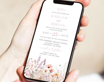 Digital Wedding Invitation Wildflower Wedding Invite Elecronic, Floral Wedding Evite for a Phone, Invitation by Text, Editable Template, 52A