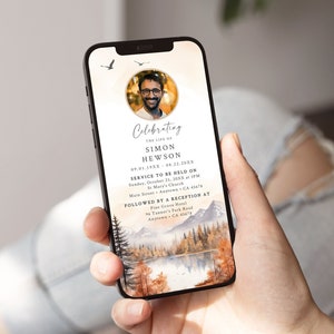 May include: A digital memorial card with a watercolor background of a lake and forest. The card features a photo of a man in a circle at the top. The text reads "Celebrating the life of Simon Hewson 09.01.19XX - 08.22.20XX Service to be held on Sunday, October 15, 20XX at 3PM St. Mary's Church Main Street - Anytown, CA 43678 Followed by a reception at Pine Grove Motel 16 Tammer's Park Road Anytown, CA 45678"