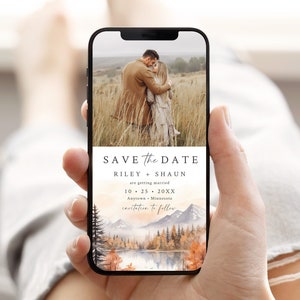 Woodland Save the Date with a Photo, Rustic Save our Date by Text, Fall Wedding Date Evite for a Phone Forest Mountain Editable Template 46A