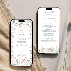 Ensemble électronique de faire-part de mariage pour téléphone, modèle d'invitation de mariage de fleurs sauvages, invitation et détails de mariage floral numérique, modifiable rose 40 A