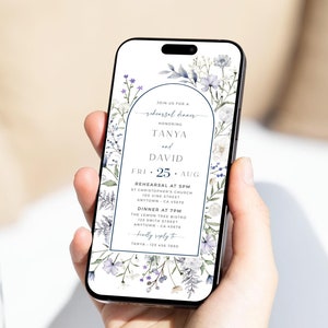 Dusty Blue Rehearsal Dinner Invitation Template, Digital Wildflower Rehearsal Invite for a Phone, Rehearsal Evite by Text, Arch Editable 54A