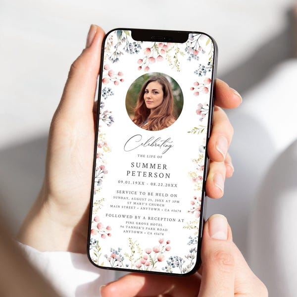 Wildflower Celebration of Life Announcement Woman, Digital Funeral Invite with Photo, Memorial Invitation Text, Pastel Editable Template 40A