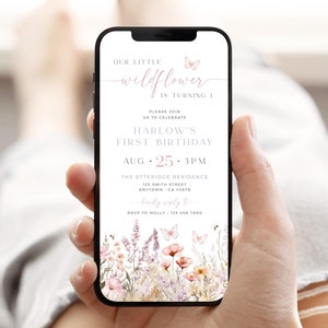 Wildflower First Birthday Invitation Digital Wildflower Invite 1st Birthday Butterfly Birthday Evite Girl Editable Flower Evite Template 52A
