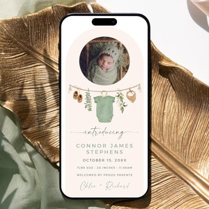 Boho Newborn Announcement with Photo, Baby Boy Birth Announcement Digital, Sage Green Baby Clothes Announcement Template Text Editable, 47B