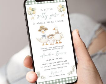 Plantilla de invitación para baby shower de Silly Goose, invitación de Mother Goose para un teléfono, verde, editable, 65A