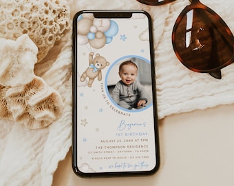 Garçon premier anniversaire Evite avec photo, Bear 1st Birthday Electronic Invite, Digital Invitation Boy 1st Birthday, Editable Evite Template 13A