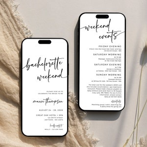 May include: A black and white printable bachelorette weekend invitation with a phone-shaped design. The text reads "bachelorette weekend" and includes the bride-to-be's name, "maeve thompson", the date, "August 24-26, 20XX", the location, "Great Oak Hotel & Spa", and the address, "123 Smith Street, Anytown, MN 45678".
