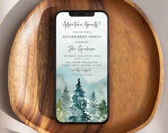 Mountains Retirement Party Invitation Electronic, Digital Retirement Invite Woodland Retirement Evite Text, Man, Editable Evite Template 11A
