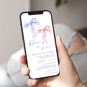 Bow Gender Reveal Invitation for a Phone, Electronic Ribbon Gender Reveal Invite Template, Blue or Pink Ribbon Evite, Minimal Editable 44A