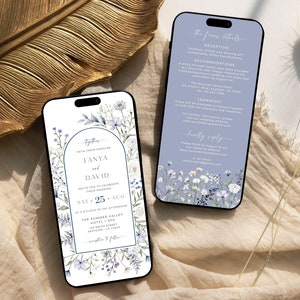 ダスティブルーの携帯電話用結婚式招待状セット、デジタル結婚式招待状テンプレート、電子ワイルドフラワー結婚式招待状、詳細編集可能、54A
