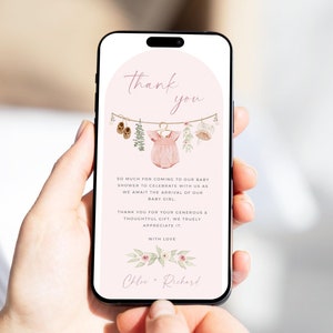 Tarjeta de agradecimiento por ropa de bebé digital para teléfono, nota de agradecimiento por tendedero, plantilla de tarjeta electrónica de agradecimiento por baby shower boho, editable 47A