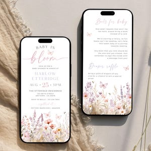 May include: A baby shower invitation featuring a floral design. The invitation is for Harlow Etteridge and is scheduled for 3pm on 25th August. The invitation includes the text "Baby in Bloom" and a floral design with butterflies.