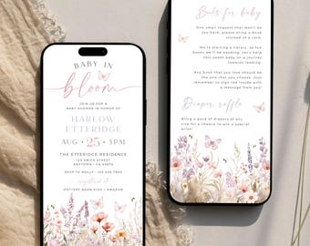 May include: A baby shower invitation with a floral design. The invitation is for Harlow Etteridge and is set for August 25th at 3pm. The invitation includes the text "Baby in Bloom" and a floral design with butterflies.