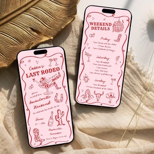 May include: Two pink and black cards with red text and illustrations. The first card is a bachelorette party invitation with the text "Cassie's Last Rodeo" and a cartoon of a woman in a cowboy hat and boots. The second card is a weekend schedule with the text "Weekend Details" and a disco ball illustration.