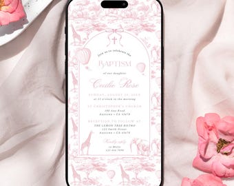 Pink Safari Toile Baptism Invitation Girl, Digital Christening Invite Template, Chinoiserie Evite, Editable, 75B