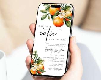 Invitación digital para baby shower de "Una pequeña belleza está en camino", plantilla editable, diseño electrónico de cítricos, 38A
