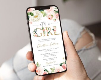 Digital Baby Shower Invitation Girl Electronic Invitation Baby Shower Blush Floral Baby Shower Evite It's a Girl Editable Evite Template 22A