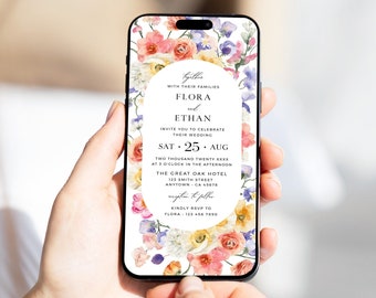 Digital Wedding Invitation by Text, Elecronic Wedding Invite with Flowers, Floral Summer Wedding Evite for a Phone, Editable Template, 24A