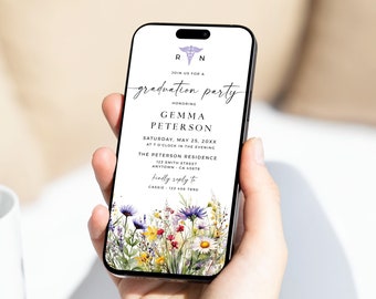 May include: A white smartphone mockup with a floral design on the bottom half of the screen. The top half of the screen displays a graduation party invitation for Gemma Peterson, RN. The invitation includes the date, time, and location of the party.