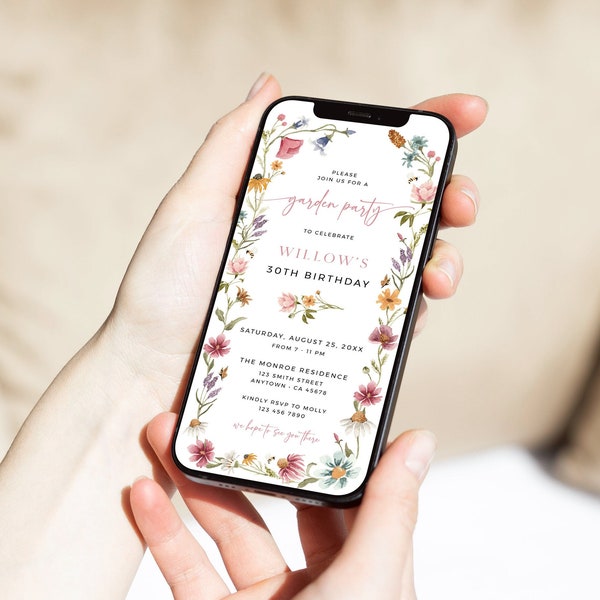 Elektronische wilde bloemenverjaardagsuitnodiging, digitale tuinfeestuitnodiging, vrouw 30e verjaardag Evite voor telefoon, bewerkbare Evite-sjabloon 09A