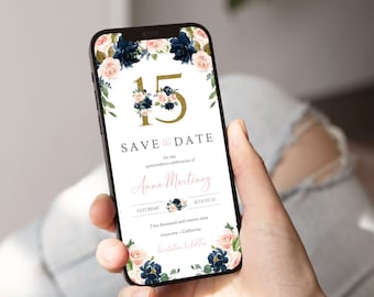 Navy Pink Quinceañera Save the Date Template, Mis Quince Party Date Ecard, Editable 45A