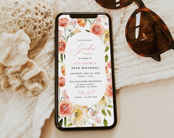 May include: A digital invitation for a garden party celebrating Eleanor's 30th birthday. The invitation features a watercolor floral design with pink, yellow, and green flowers. The text reads "Join us for a Garden Party in honor of Eleanor's 30th Birthday. Saturday, May 25, 20XX from 7-11 PM. The Knighton Residence 123 Smith Street Anytown, CA 45678. RSVP to Cassie 123 456 7890."