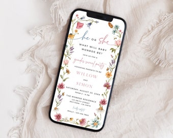 Electronic Gender Reveal Invitation Wildflower Digital Invitation Gender Reveal, Wildflower Evite for Phone, He or She Editable Template 09A