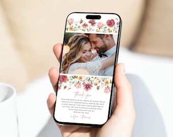 Biglietto di ringraziamento elettronico per matrimonio per telefono, biglietto di ringraziamento con foto di fiori selvatici, biglietto di ringraziamento con fiore, modello di cartolina elettronica floreale modificabile 09A