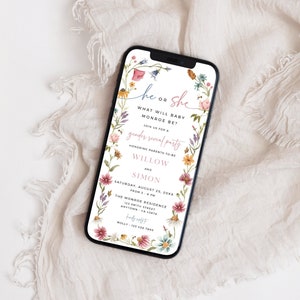 Electronic Gender Reveal Invitation Wildflower Digital Invitation Gender Reveal, Wildflower Evite for Phone, He or She Editable Template 09A