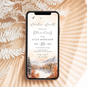 Herbst Woodland Retire Party Einladung Vorlage, digitaler Ruhestand einladen Telefon, elektronische Berge Evite Man Text Rustikal bearbeitbar 46A