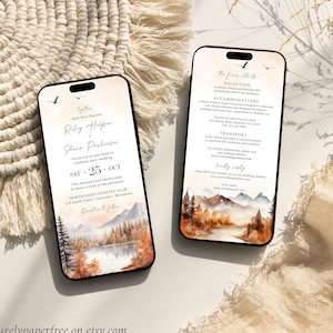 Ensemble de faire-part de mariage montagnes pour téléphone, modèle d'invitation de mariage numérique dans les bois, invitation de mariage rustique et détails, forêt, modifiable 46A