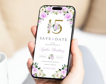 Lilac Quinceañera Save the Date for a Phone, Mis Quince Date Ecard, Template Editable, 33A