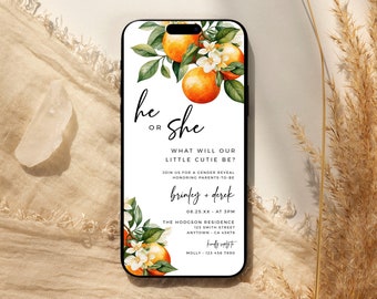 Little Cutie Gender Reveal Invitation Phone, Digital Citrus Gender Reveal Invite Electronic He or She Evite Orange, Editable Template, 38A